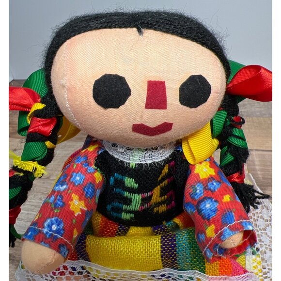 Handmade Traditional Mexican Cloth Doll With Braided Hair & Colorful Ribbon - Picture 5 of 5